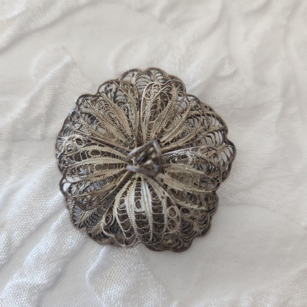 Mexico Silver Filigree Flower Brooch